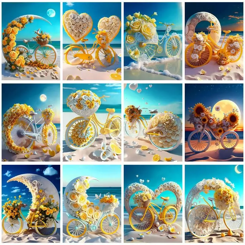 

CHENISTORY Pictures By Number Seaside Sunflower Bike Kits DIY Frame Painting By Number Drawing On Canvas HandPainted Home Decor
