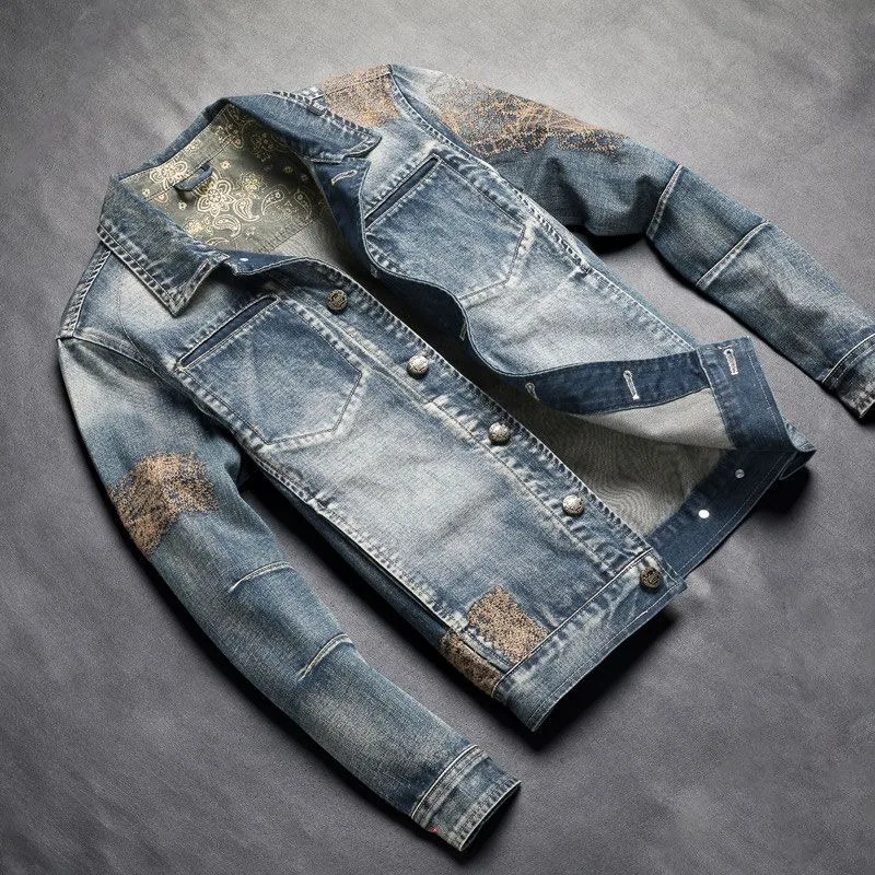 Spring New Denim Coat Men's Retro Wash Slim Jacket European Heavy Youth Embroidery Top Tide  High Appearance Level [Shop Sales]