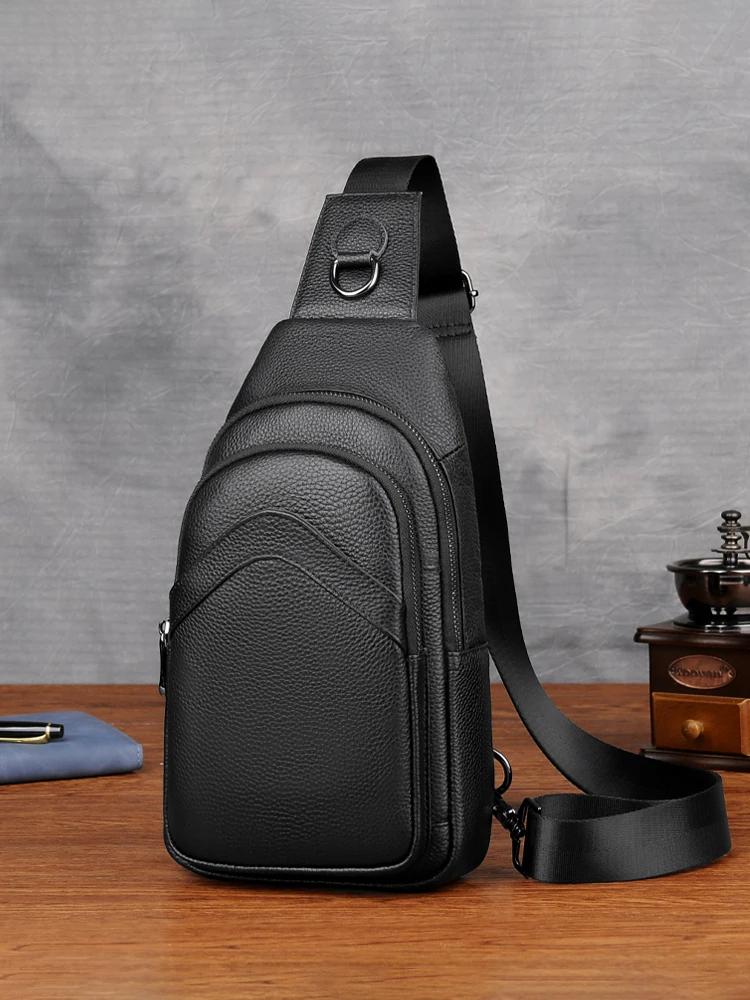 

Men's Faion Leather Chest Bag Waterproof Wear-Resistant Casual Sports Crossbody Bag Double Layer Zipper Bag Leisure Sle