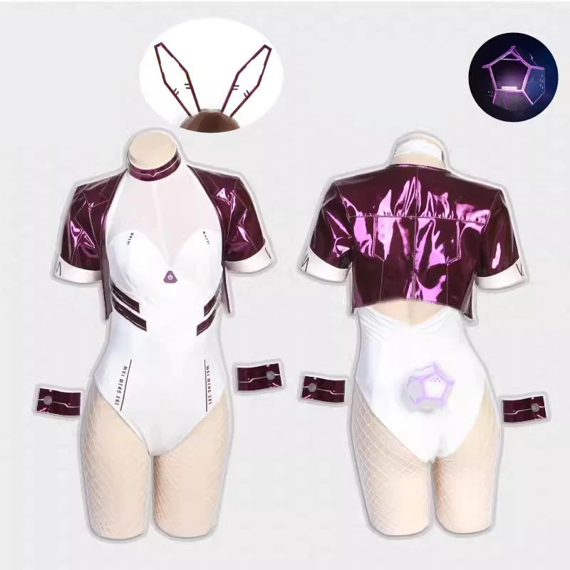 Anime Cyber punk Bunny girl Cosplay Costumes Women Sexy Leather Bodysuit Light Tail Suit Rabbit Ears Uniform Halloween Clothing