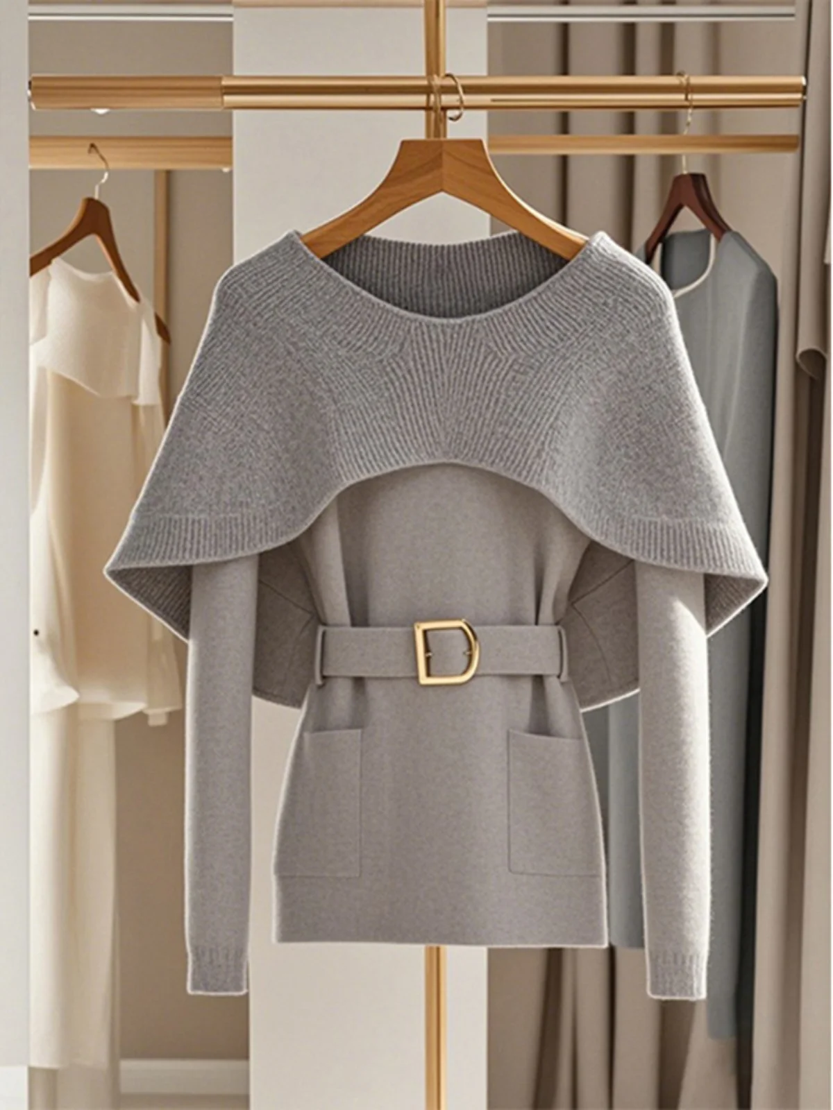 

Chic Soft Knitted Sweater Women's Fashionable Vintage Wrap Waist Design Grey Cable Knit Autumn Winter Seasonal High Quality S...