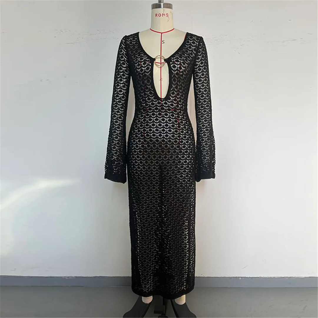 Ausgeschnittenes, langärmliges, hochgeschlitztes, gehäkeltes, gestricktes Tunika-Strandkleid, Strandkleid, Strandmode, Damen V8512 – Detail 18