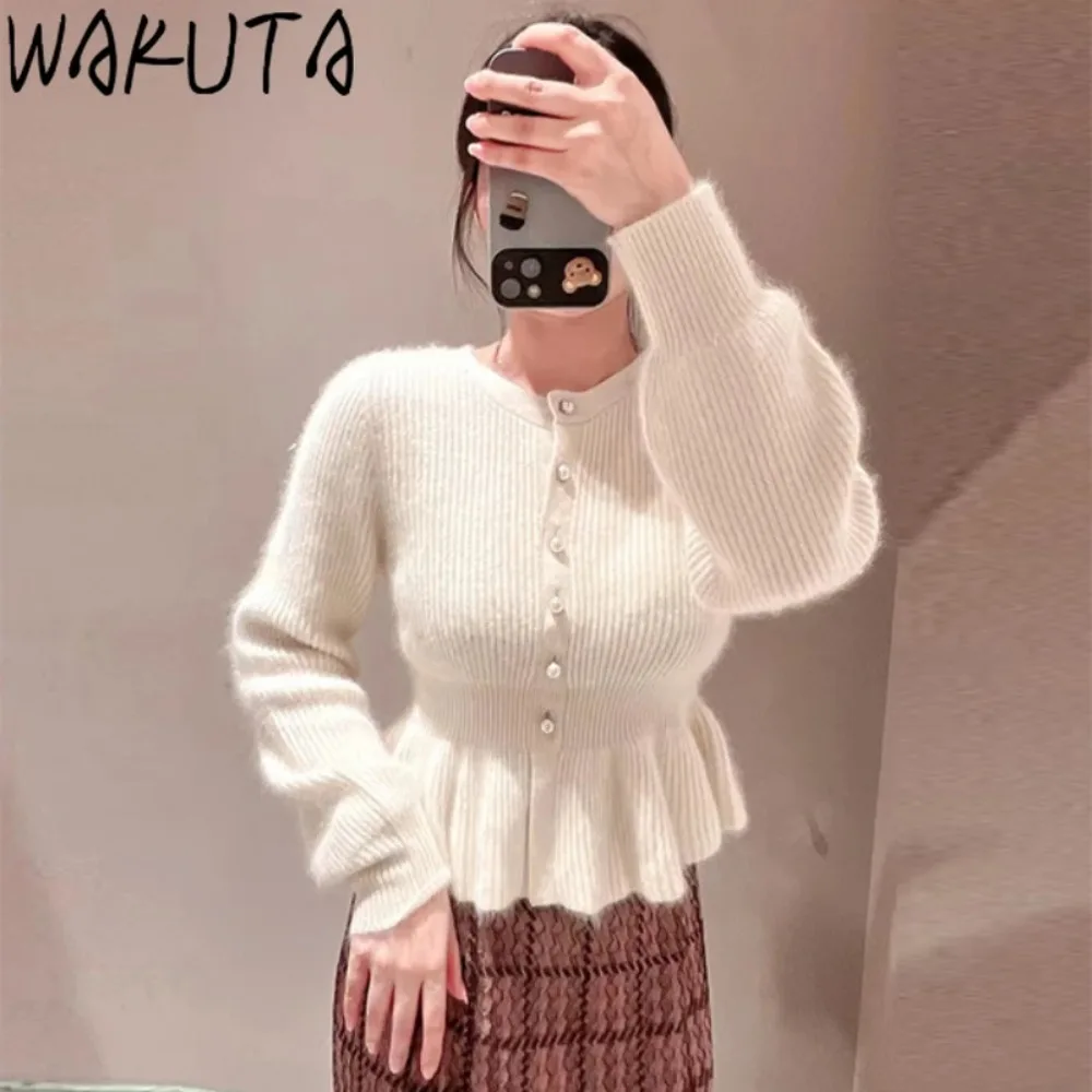 Wakuta Lantern Sleeve O Neck Sweet Jumper Fresh Single Breasted Slim Fit Sweaters Japan Knit Casual Elegant Wavy Edge Tops