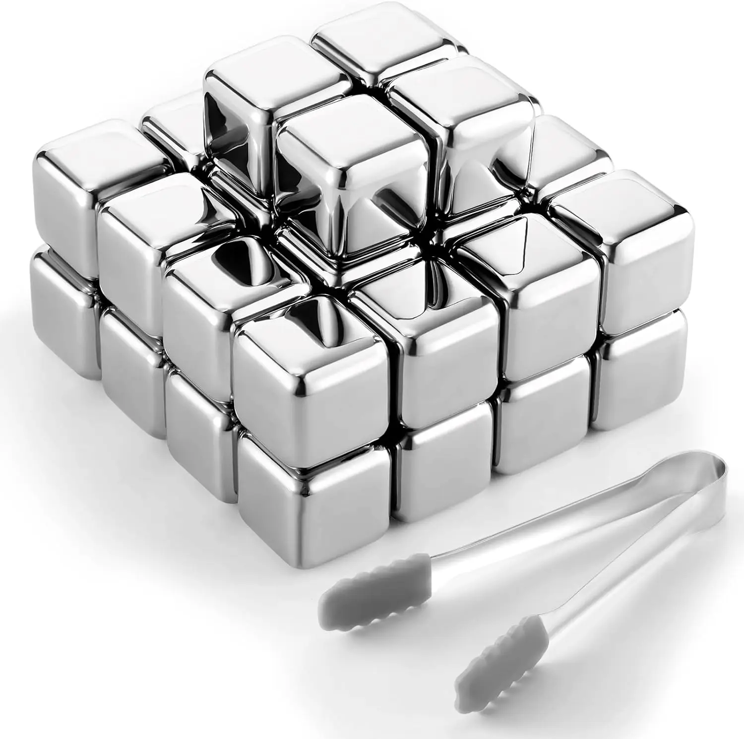 

36 Pcs Reusable Stainless Steel Ice Cubes with Tongs for Whiskey Vodka Coffee Summer Drinks Chilling
