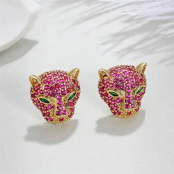 Domineering Leopard Head Stud Earrings For Women Men Gold Silver Color Rose Red White Zircon Hiphop Bar Big Ear Studs Jewelry CZ