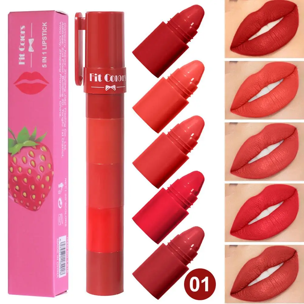 Fit สีผลไม้ห้าส่วน Velvet Matte ลิปสติก 5in1 ลิปสติกยาวนาน 1.2g * 5 แต่งหน้า K8J1