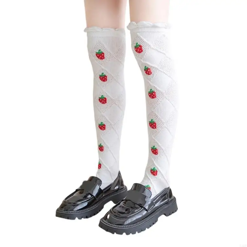 

54DF Children's Long Tube Socks Strawberry Pattern Decoration High Tube Socks Solid Color Comfortable for Daily Parties