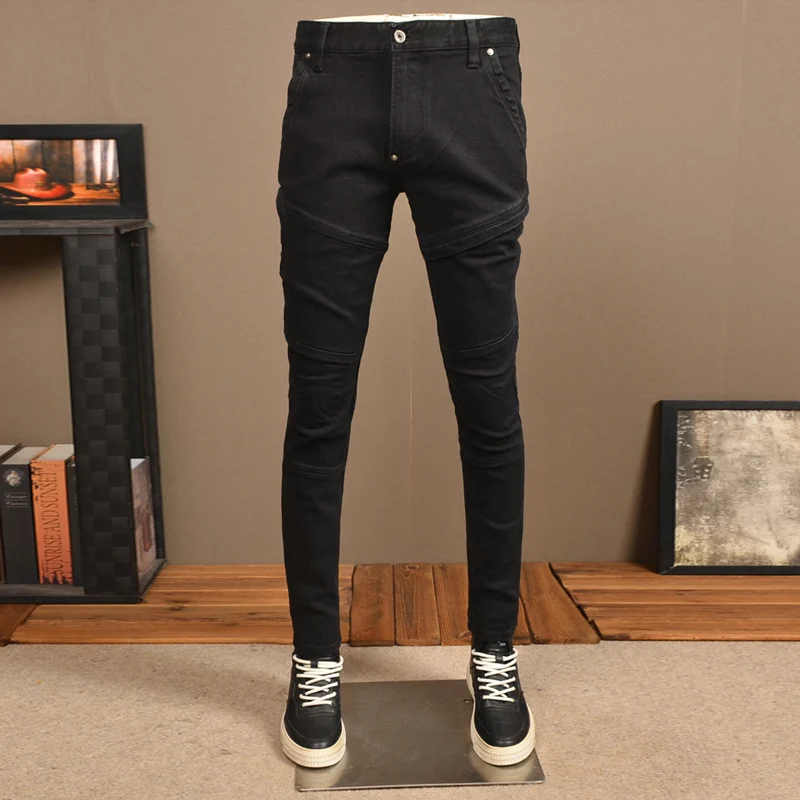 

Street Fashion Men Jeans High Quality Black Stretch Slim Fit Spliced Designer Biker Jeans Homme Patched Hip Hop Denim Pants Men
