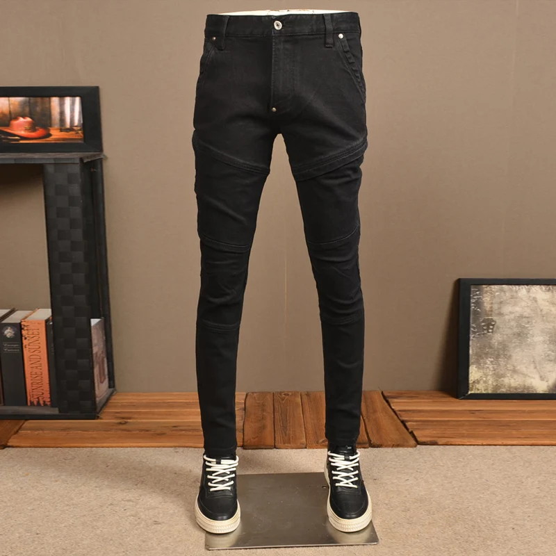 Street Fashion Men Jeans High Quality Black Stretch Slim Fit Spliced Designer Biker Jeans Homme Patched Hip Hop Denim Pants Men