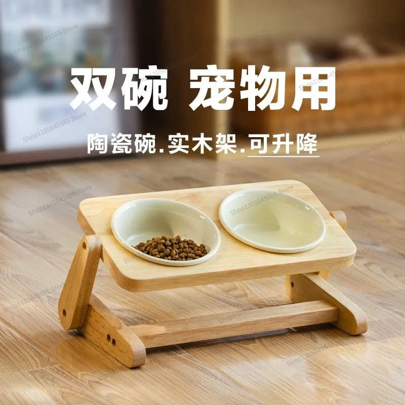 For Cat food bowl double bowl solid wood rack with adjustable height