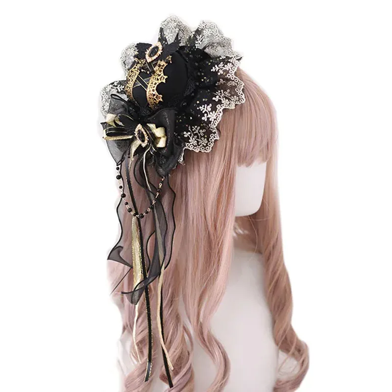 

Lolita Vintage Round Top Hat Handmade Ruffled Lace Bow gorgeous hair band side clip small headband Headpiece for Princess Cos