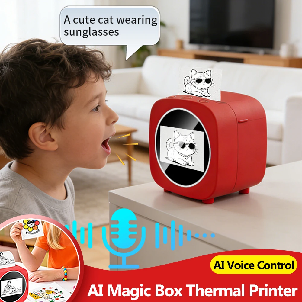 AI Voice-Powered Thermal Printer Sticker Maker HD Screen Portable Ai Magic Box Voice Control for Kids Drawing Printer