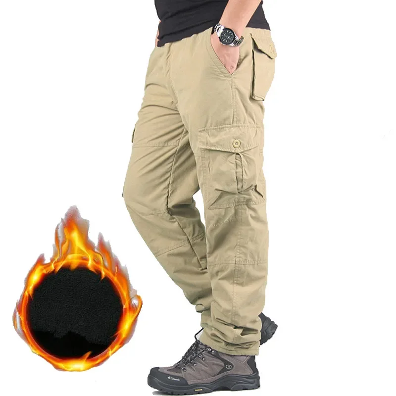 Pantalones Cargo gruesos de forro polar para hombre, de doble capa Pantalones rectos, pantalones casuales de algodón, pantalones militares tácticos, pantalones holgados, pantalones cálidos, Invierno