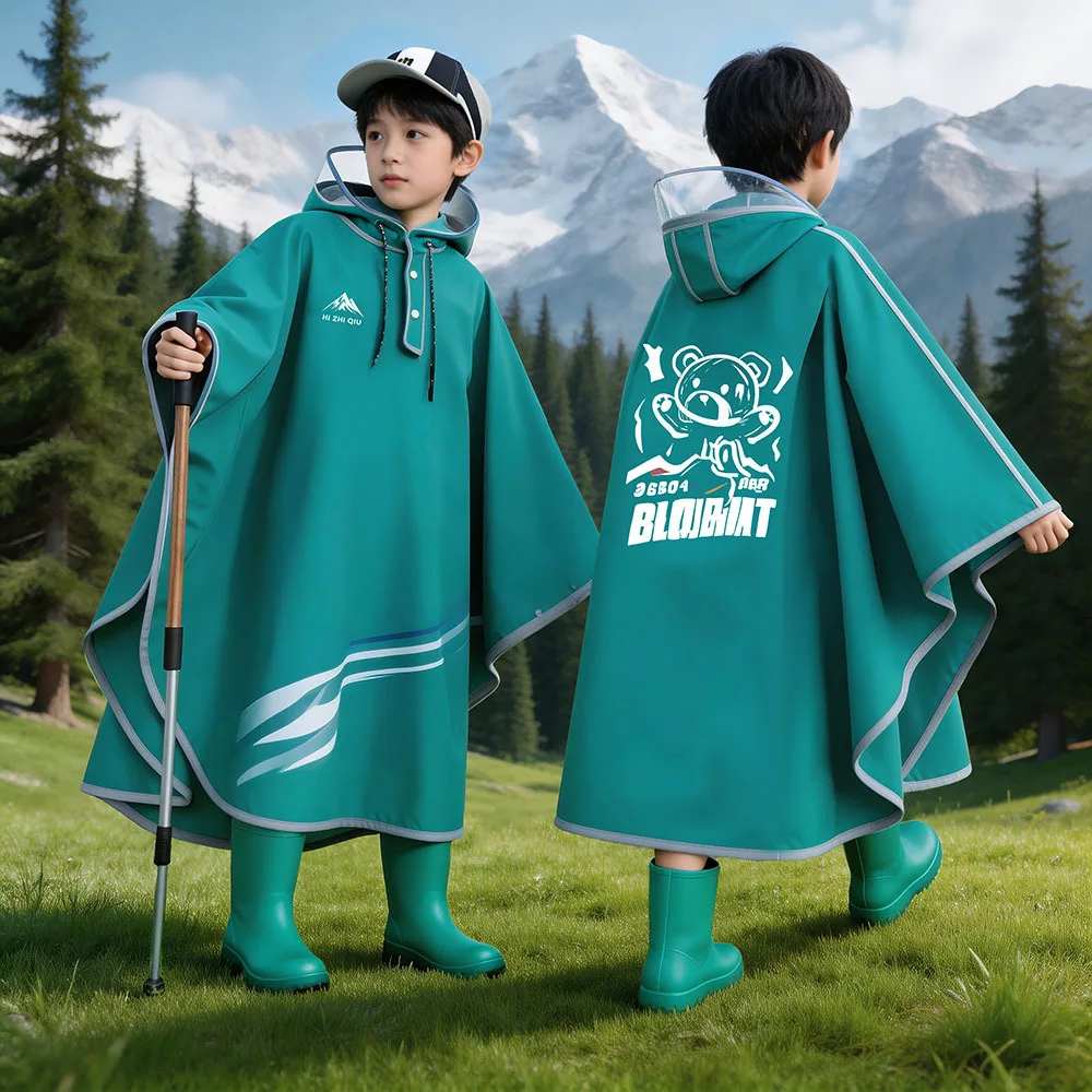 Waterproof Long Poncho for Boys And Girls with School Bag Compartment Hooded Raincoat for Kindergarten Primary And Secondary Sch