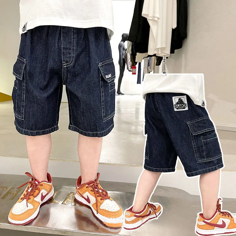 

Boys' Shorts 2024 Summer New Children's Casual with Big Pockets Workwear Bright Line Denim Shorts