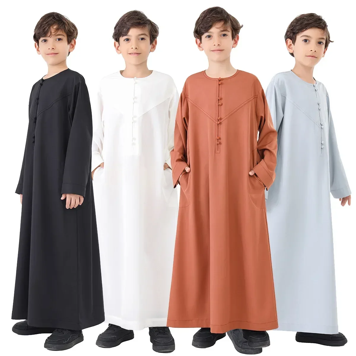 2025 Ragazzi musulmani Bambini Abito saudita Thoub Jubba Thobe Daffah Abito arabo Abbigliamento islamico Abito lungo Abaya Ramadan Thawb Medio Oriente
