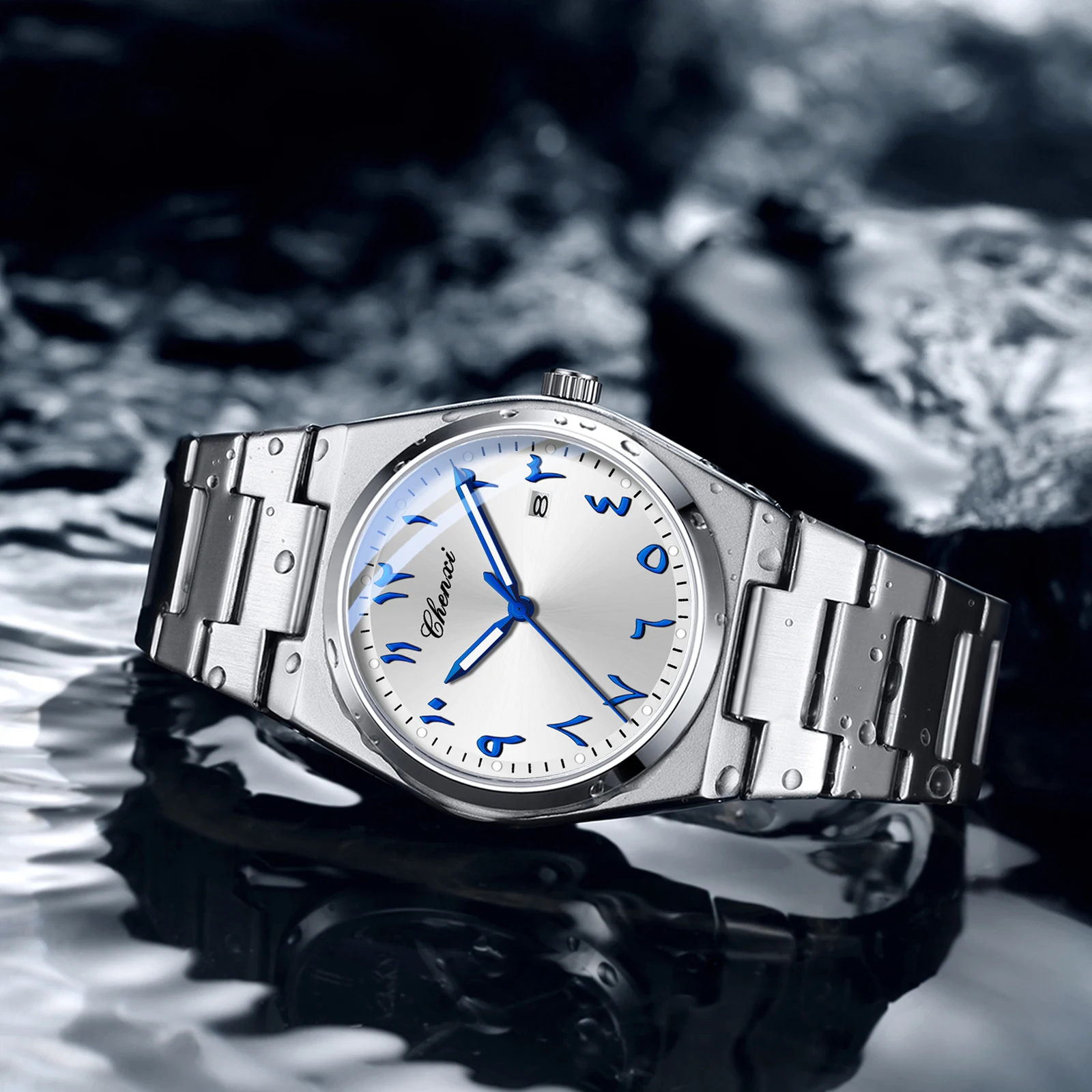 첸시 패션 남성용 쿼츠 시계 스틸 방수 야광 크로노그래프 날짜 스테인리스 스틸 손목시계 스타일리시한 일상 착용용