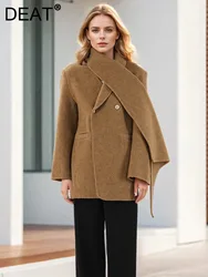 DEAT Fashion Women's Woolen Coat Scarf Collar Double Breasted Pockets Thicken Loose Warm Jackets Autumn 2024 New Tide CPDB258