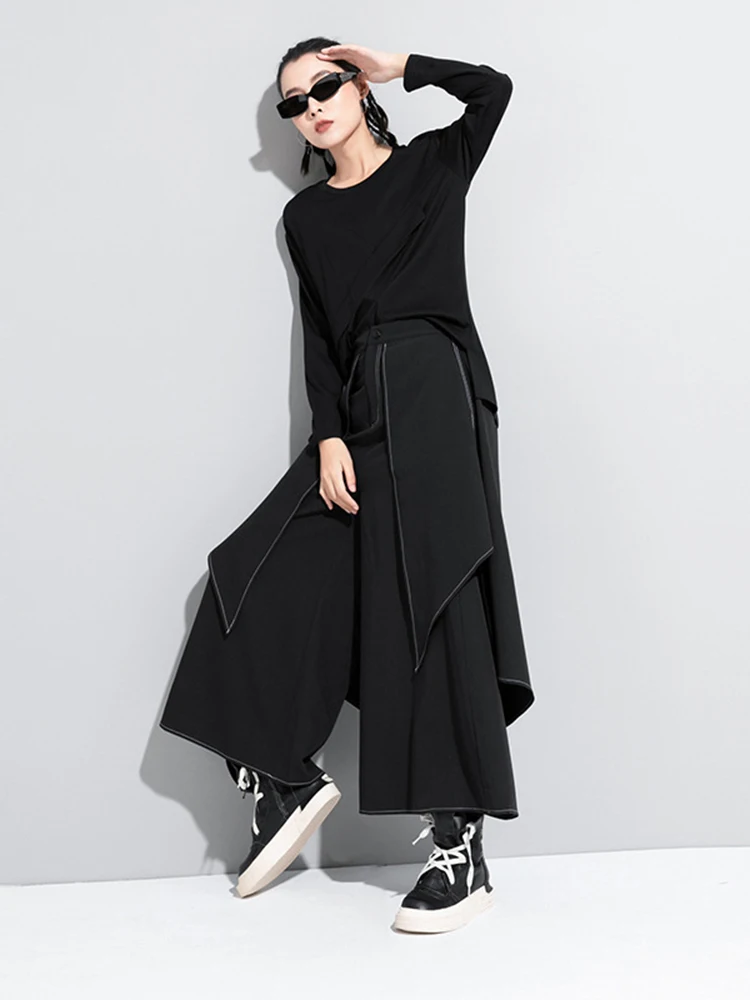 [EAM] High Waist Black Linen Split Joint Long Wide Leg Trousers New Loose Fit Pants Women Fashion Tide Spring Autumn 2024 1DA613