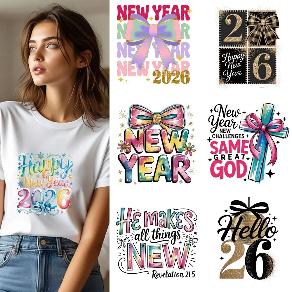 25CM Happy New Year 2026 Celebrating Bow Heat Transfer Patches For Clothes DIY A-Level Washable Shirt Iron-on Thermal Sticker