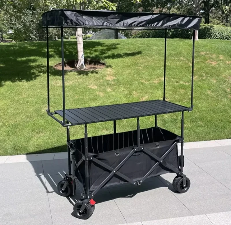 Portable food stall truck, vendor cart, foldable multifunctional vehicle with folding table, mobile store with sunshade tent