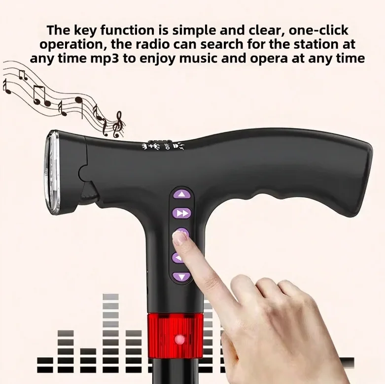 Elderly Adjustable L-ED Walking Cane FM Radio MP3 Smart Safety Fall Alarm Walking Stick Trusty Sticks for The Elder Fathers view 6