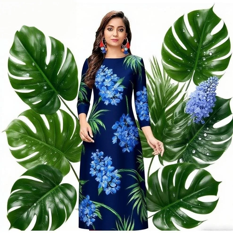 فستان نسائي مسلم كورت عصري ومريح مع أنبوب مستقيم وزهور على الطراز الوطني Musluman Bayan Elbise