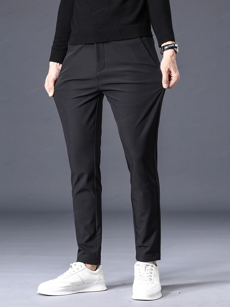 Autumn Winter Stretch Casual Pants Men Thick Business Stretch Slim Elastic Waist Jogger Korean Classic Outdoors Trousers Gift