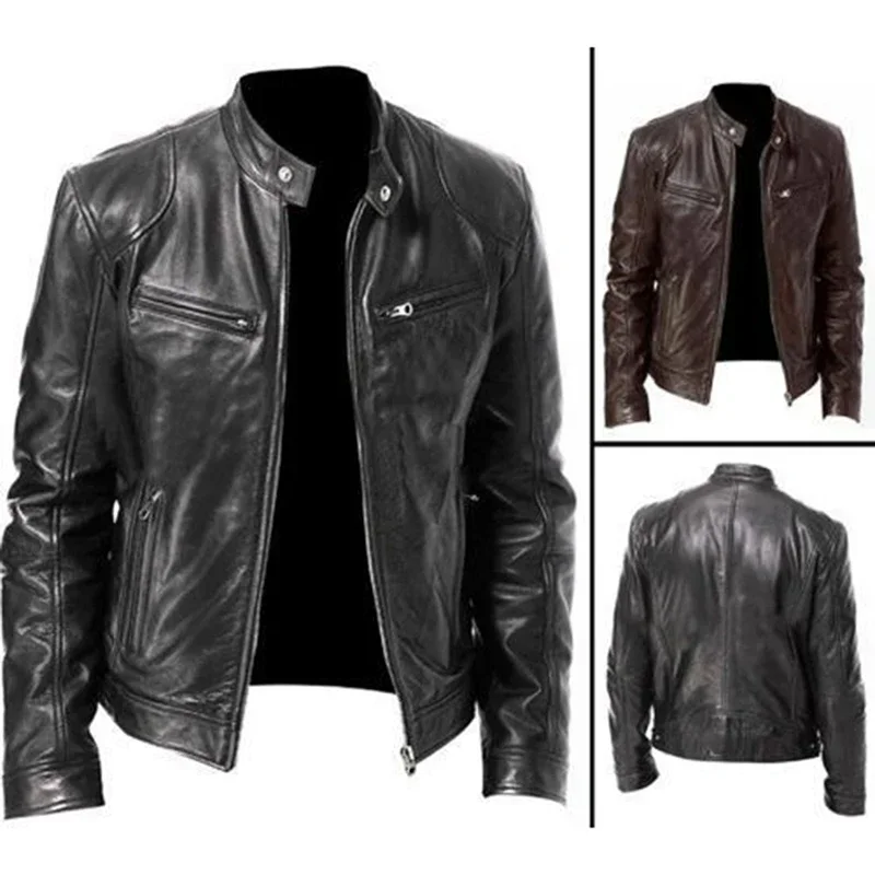 2024 Mens Fashion Leather Jacket Slim Fit Stand Collar PU Jacket Male Anti-wind Motorcycle Lapel Diagonal Zipper Jackets Men