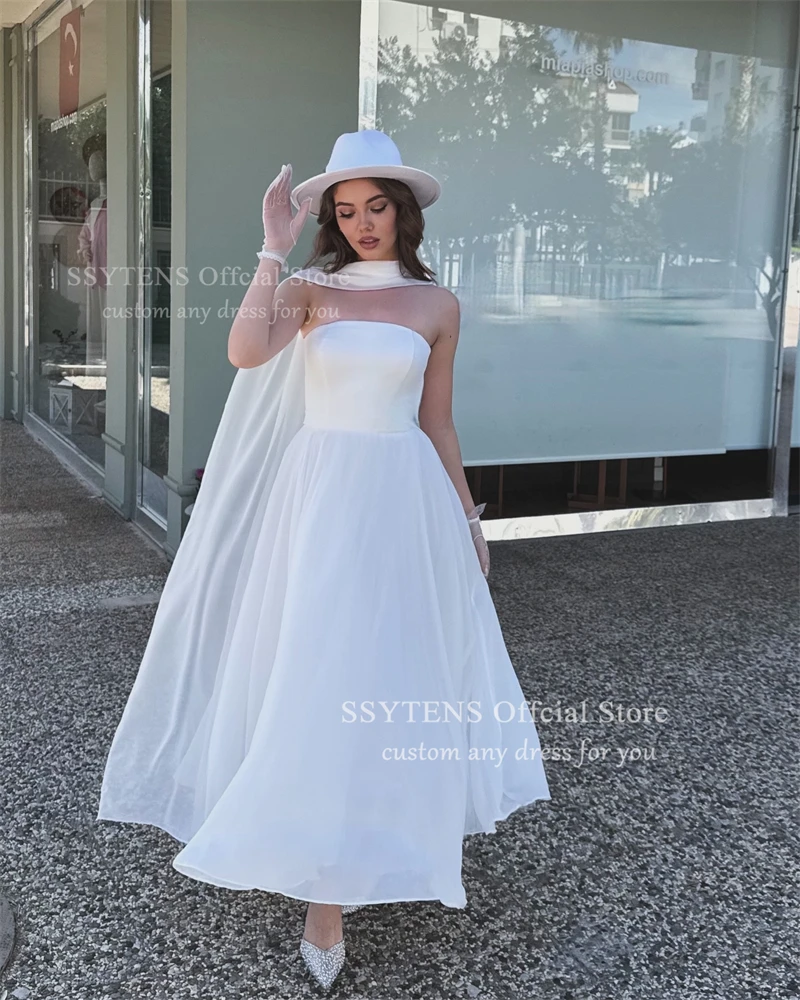 SSYTENS White Wedding Dresses Simple Strapless Beach Bridal Dress with Scarf Ankle-Length Satin Civil Wedding Gowns Customized
