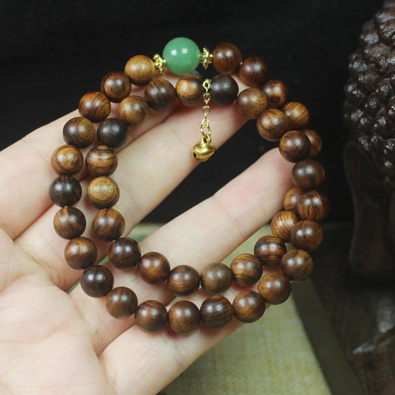 Black rosewood 8mm double-loop bracelet with bell pendant, unisex Buddhist prayer beads