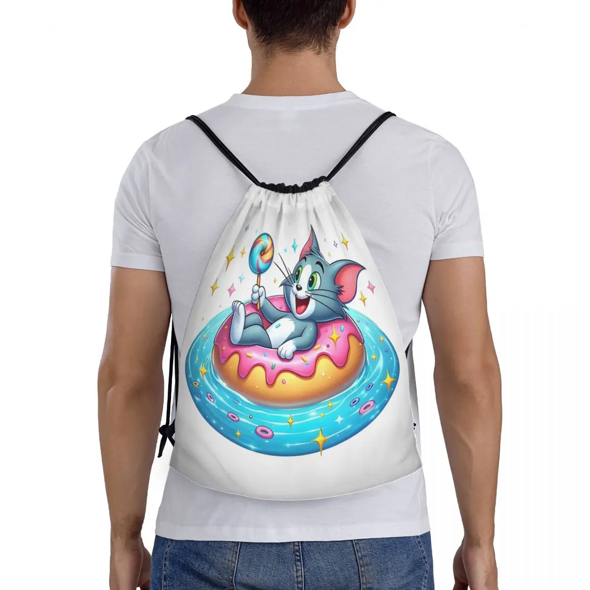 مخصص الكرتون توم وجيري الرباط أكياس الرجال النساء المحمولة رياضة الرياضة Sackpack أنيمي لطيف التدريب على ظهره