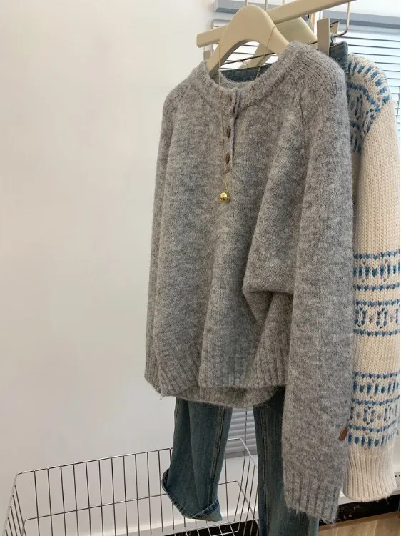 

ey Retro Soft Cozy round Ne Sweater Women's Loose Boting irt Autumn Winter New Sle Commute Loose Sve Long Sweater