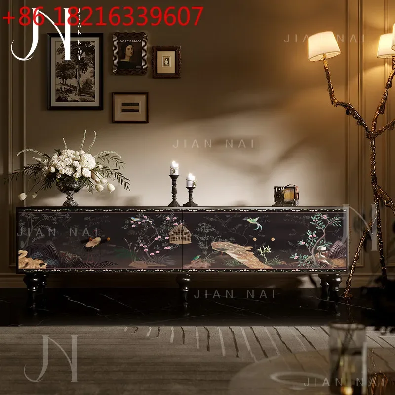 YAO French Chinese style TV cabinet peacock flower bird living room solid wood hall cabinet storage storage