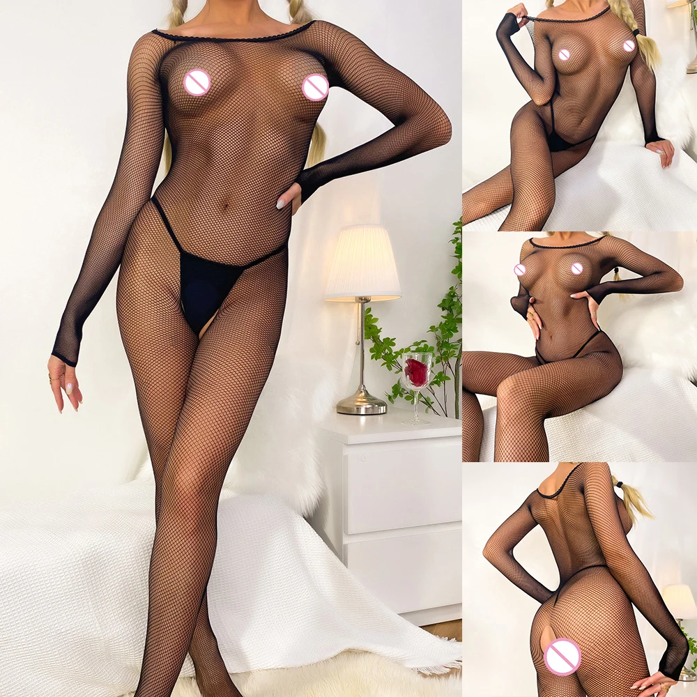 Women Jumpsuit Sexy Open Crotchh Lingerie Fishnet Body Stockings Transparent Nightwear Sleepwear Intimates Erotic Bodysuits