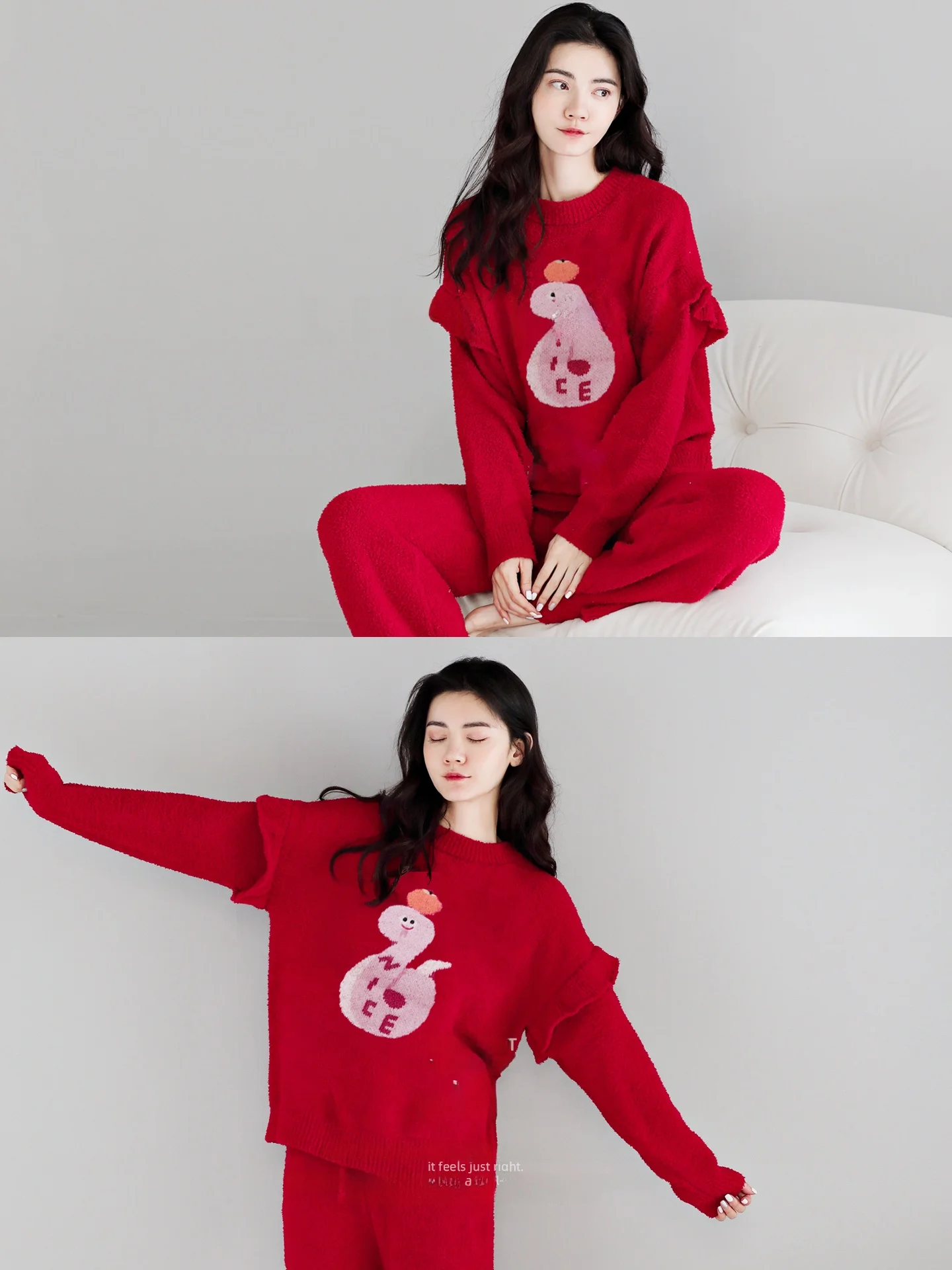 

Красные пижамы с принтом змей для женщин, утепленные, из вельвета, для дома, повседневные, свободного кроя, с длинными рукавами, зимние, теплые