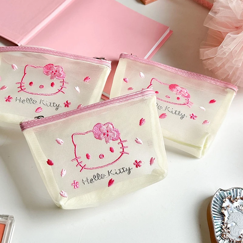 Sanrio Cherry Blossom Series Mesh Storage Bag Cartoon Hello Kitty Embroidered Cosmetic Coin Card Handbag Transparent Wash Bag