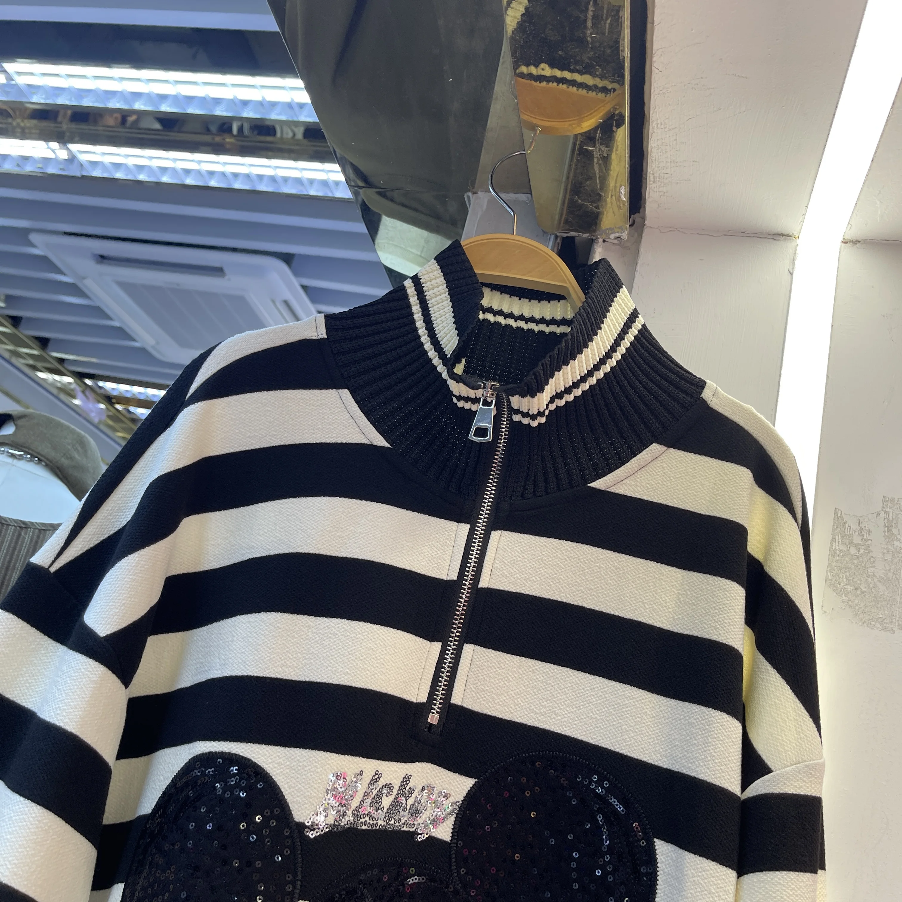 2025 Autumn New Heavy Sequin Print Cartoon Pullover Sweatshirt for Women Loose Fashion Half-Zip Long Sleeve Top Pullover Tops