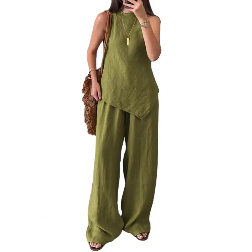Women's Cotton Linen Long Pants Sets Fashion Solid Casual Irregular Tops Wide Leg Pant Suits Office Lady Summer Casual suit