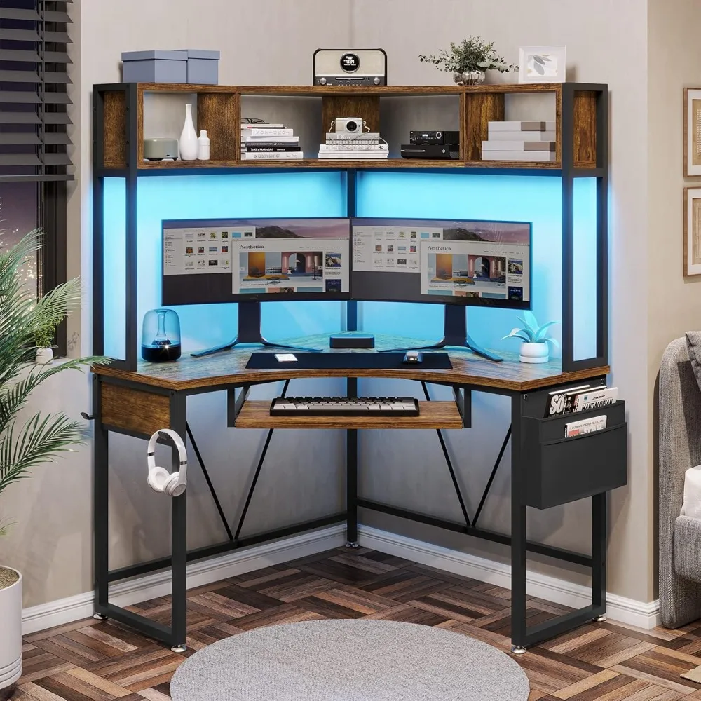 

Corner Desk, Small Computer Desk with Hutch & LED Lights, Triangle Corner Computer Desk with Keyboard Tray, Storage Bag