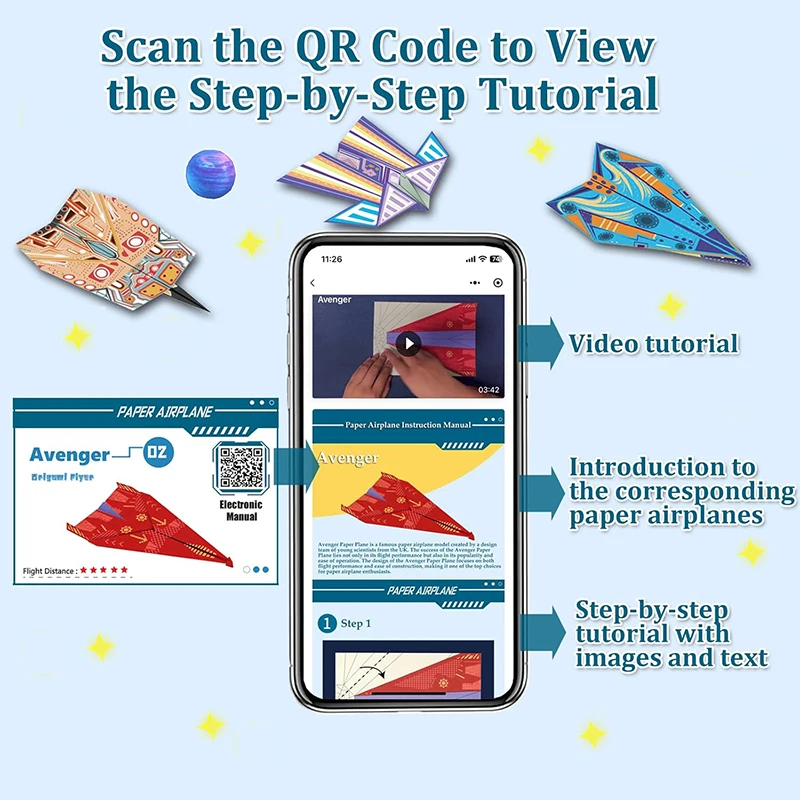 12-64 Sheets Colorful Airplane Origami Paper Kits World Record Paper Planes Craft Kit Gifts for Boys Girls Funny Outdoor Games image 4