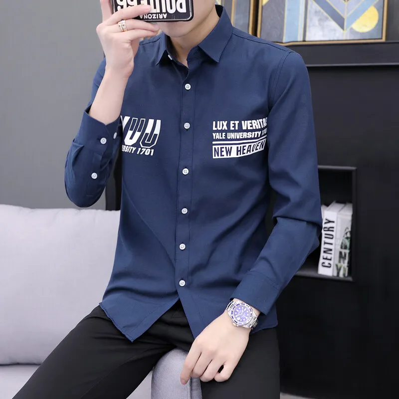 

Новые весенние мужские рубашки с буквенным принтом, корейская повседневная приталенная рубашка с длинными рукавами, модная и универсальная рубашка с лацканами, мужская одежда