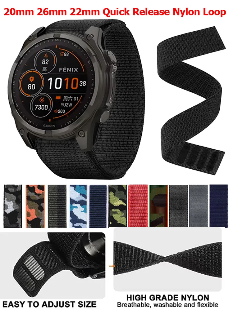 20mm 22mm 26mm Armband für Garmin Fenix E 8 47mm 51mm 7 7X Pro/Enduro 3 2 Schnellverschluss Hakenschlaufe Nylon Sportband 965 955 945 935