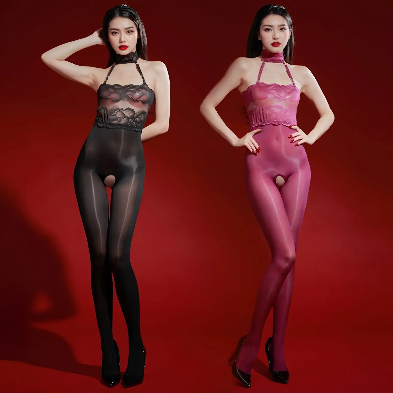 

Women Sexy 5D Thin Neck Strap Suspender Oil Shiny Glossy Jumpsuit Lingerie Lace Splicing Open Crotch See Through Tights Bodysuit