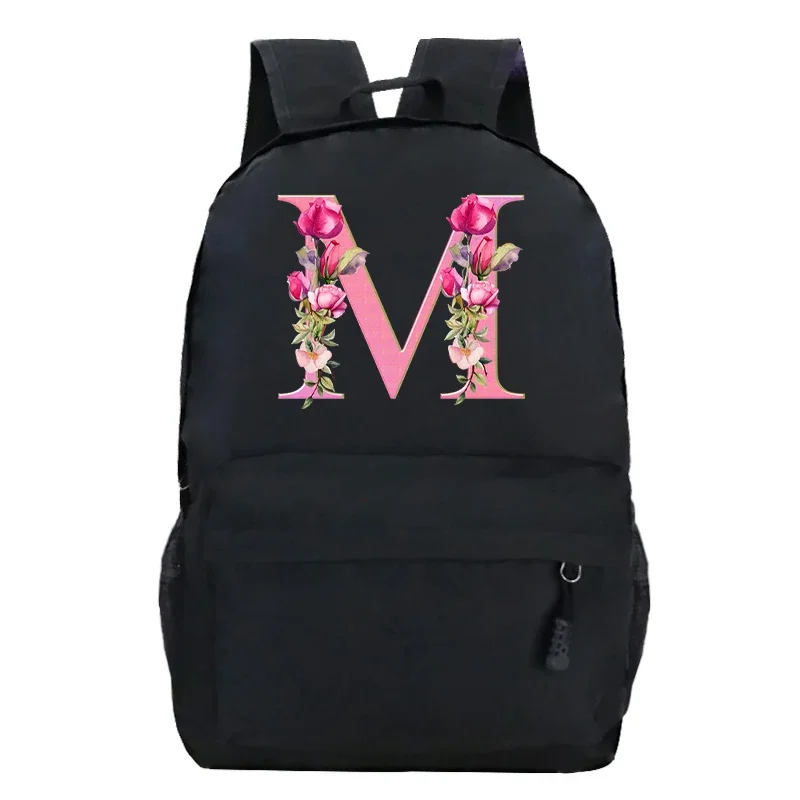 Black bag Harajuku fashion rucksack rose flower pink 26 alphabet boys girls hiking backpack alphabet floral High Street Backpack