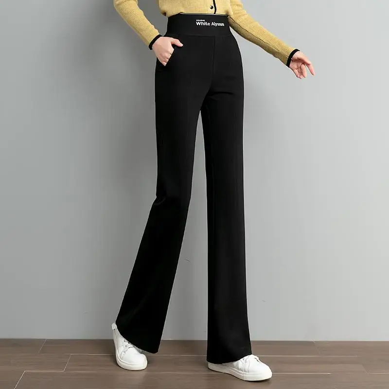 Celana panjang wanita pinggang tinggi, hitam elastis musim panas Fashion lurus 2024 pakaian wanita temperamen warna Solid celana kaki lebar