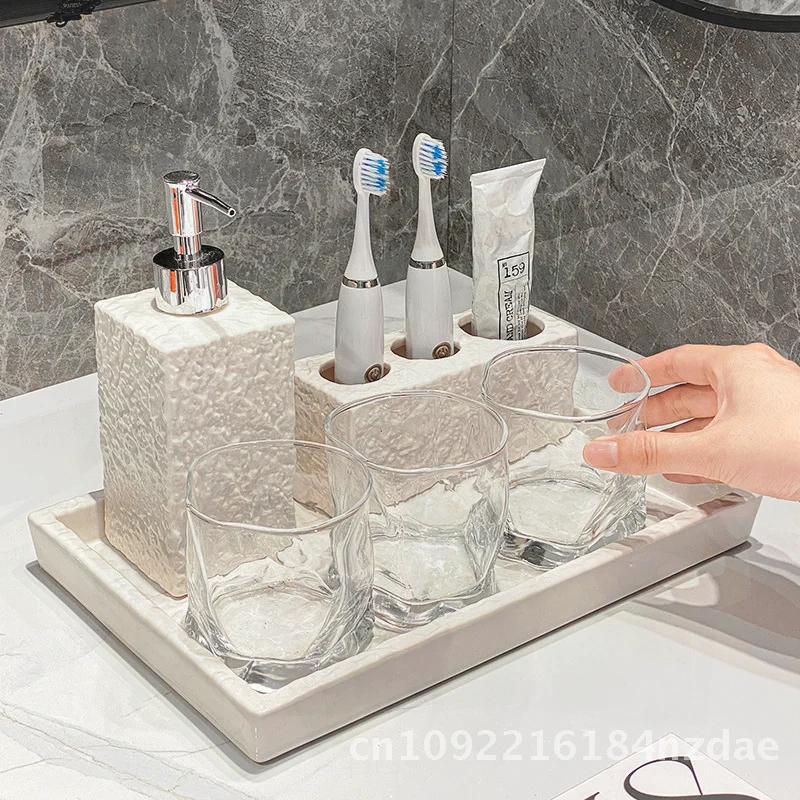 

Toiletries Suit Storage Tray Bathroom Supplies Hotel Wash Basin Toothbrush Rack Display Ceramic Hammered Black White