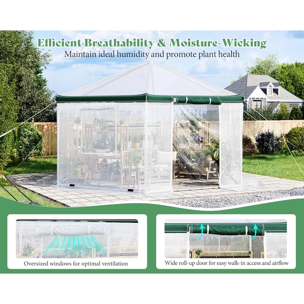 13.5 × 13.5 × 9 قدم، دفيئة سداسية للمشي في الهواء الطلق، دفيئة شديدة التحمل مع حبال مصدات الرياح #5