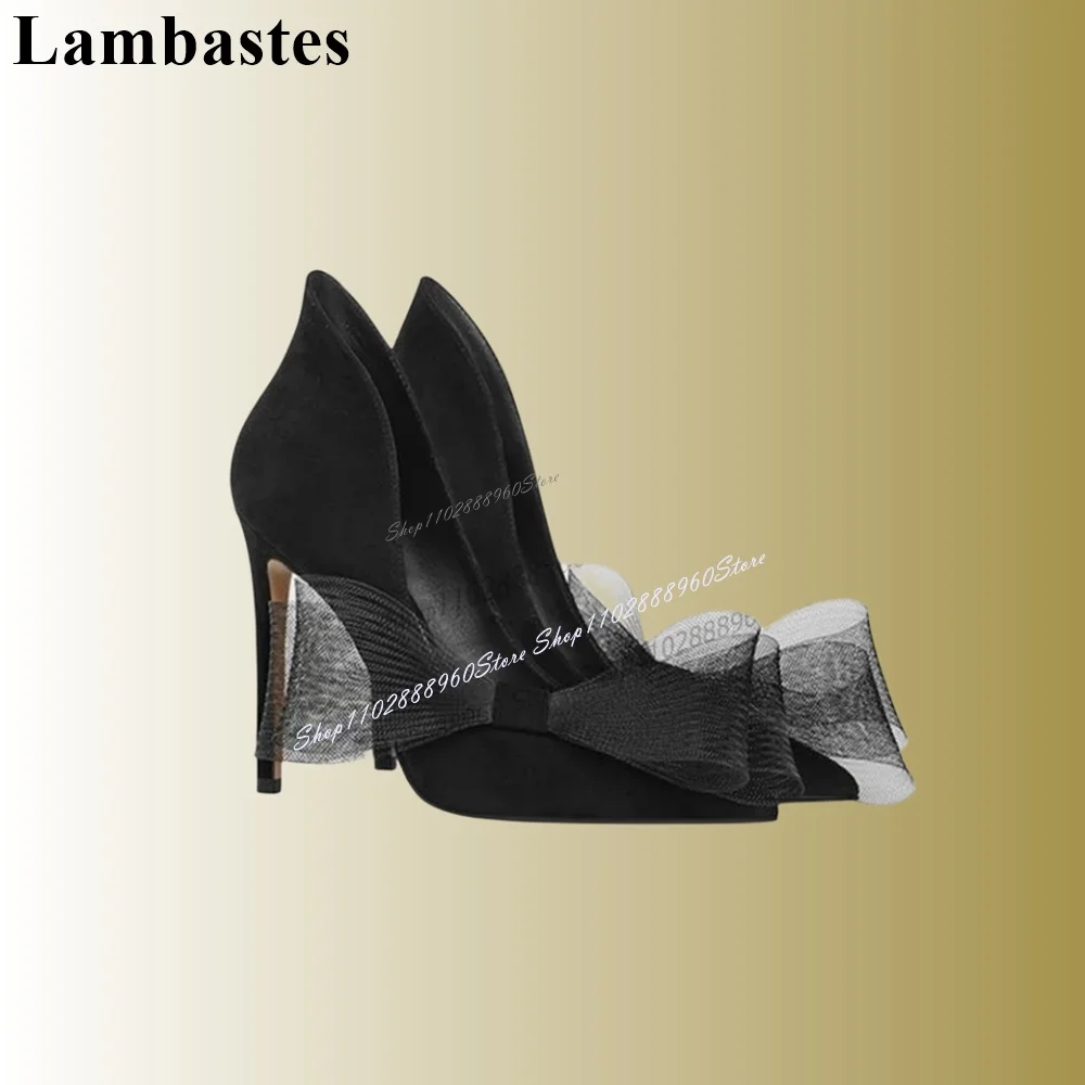 Graceful Black Suede Air Mesh Bow Knot Decor Pumps Stilettos High Heel Women Shoes Slip-On Pointed Toe 2023 Zapatos Para Mujere