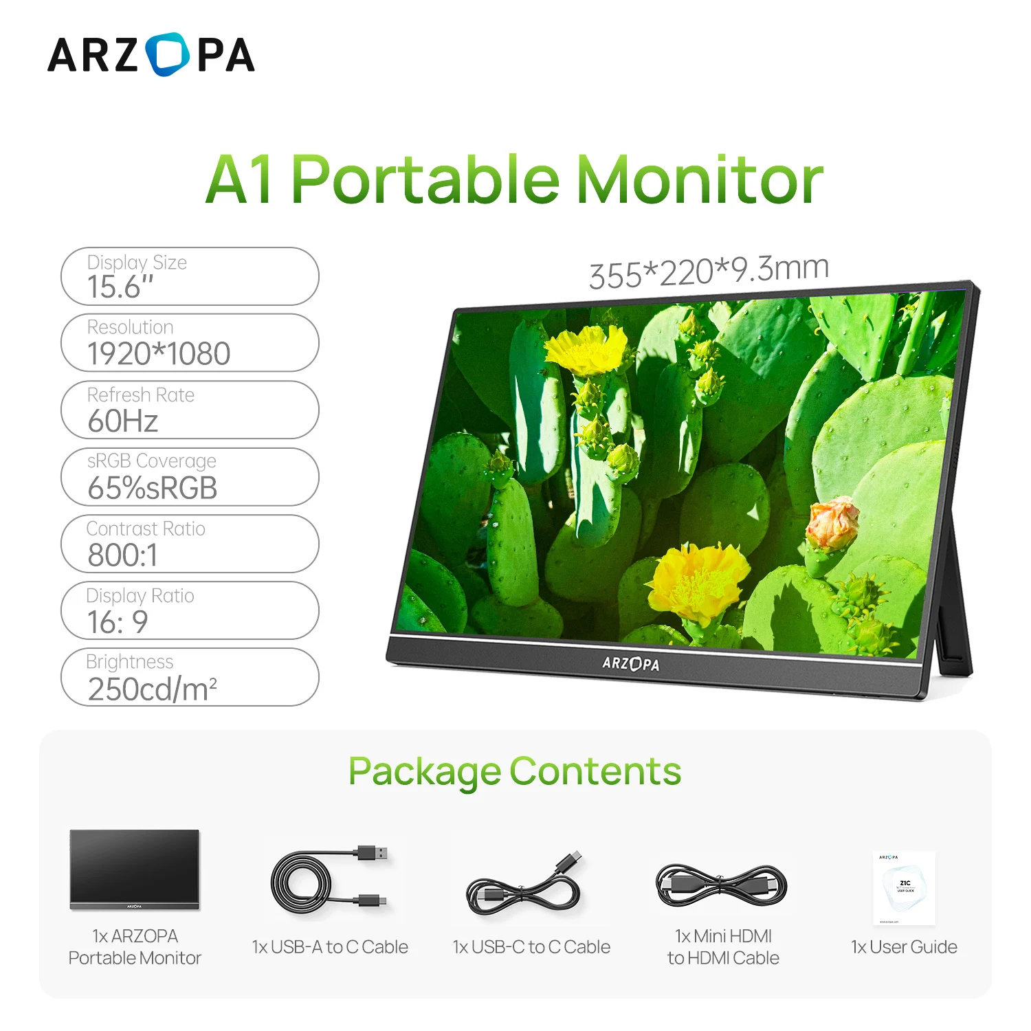 ARZOPA 15,6 inch draagbare monitor FHD 1080P IPS USB-C Mini-HDMI extern tweede scherm voor pc/MAC/Telefoon/Xbox/PS A1